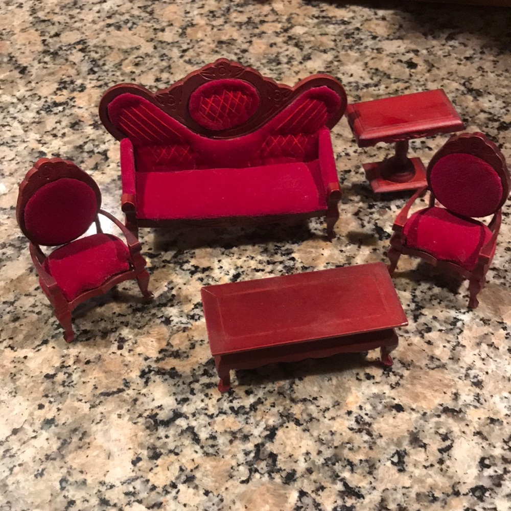 Dollhouse Furniture- Vintage- 5 pieces- Sofa, 2 Chairs, 2 Tables-